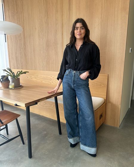 A working from home outfit: oversized black linen shirt and wide leg turn-up jeans. 

#LTKstyletip #LTKfindsunder100 #LTKeurope