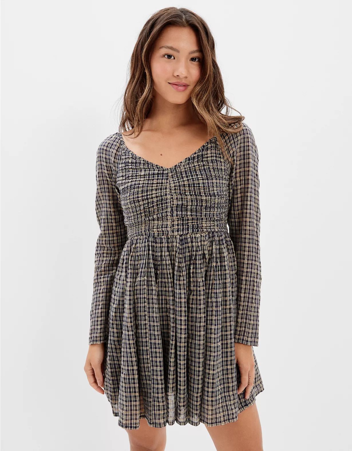 AE Plaid Ruched Long-Sleeve Mini Dress | American Eagle Outfitters (US & CA)