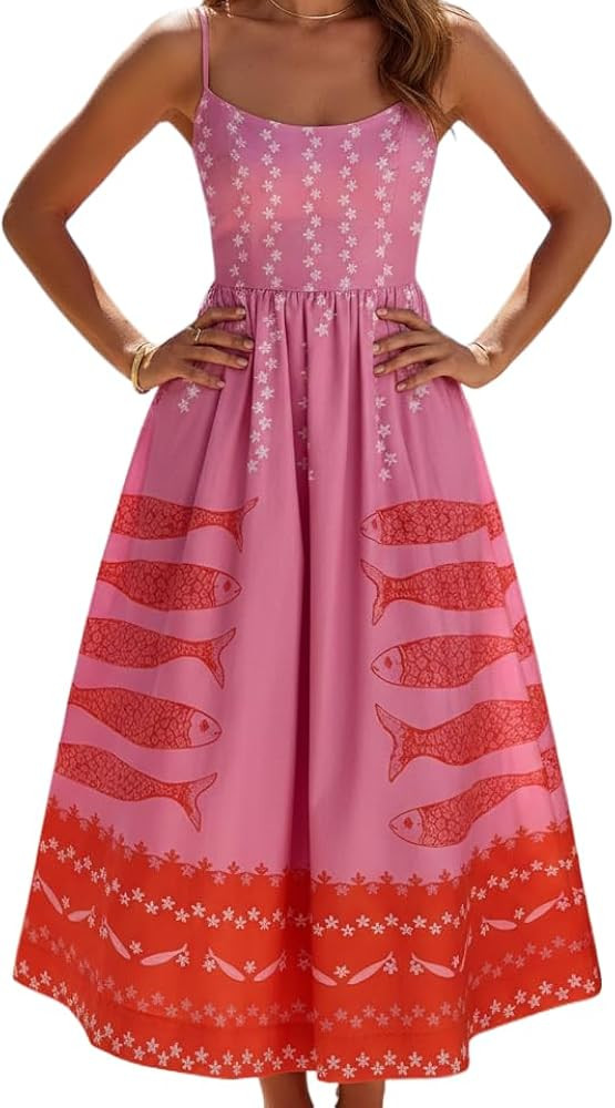 TIAFORD Women's Spaghetti Strap Midi Dress Graphic Print Sleeveless Square Neck A-Line Dress Casu... | Amazon (US)