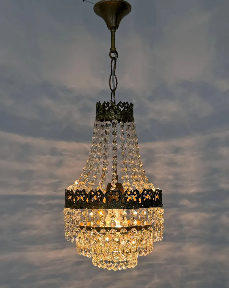 Antique / Vintage Brass & Crystal Small Chandelier (1-Light) | Etsy (US)