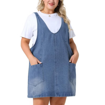 Agnes Orinda Women's Plus Size Denim Sleeveless V-neck Mini Casual Jean Overall Dress with Pocket Sky Blue 4X | Target