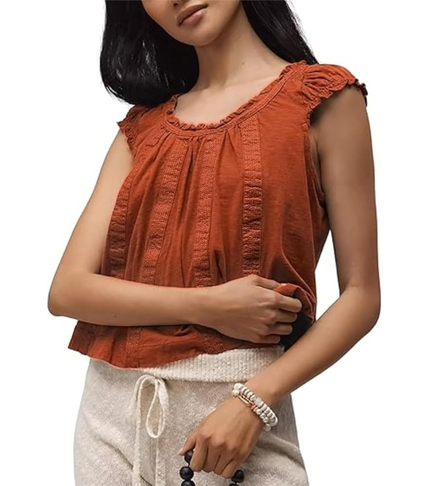 Women's Summer Ruffle-Shoulder Swing Tank Tops Pleated Peplum Crewneck Casual Tee Basic Loose Blo... | Amazon (US)