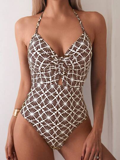 SHEIN Swim Costume da bagno monokini donna con stampa floreale e laccetti al collo, adatto per le... | SHEIN