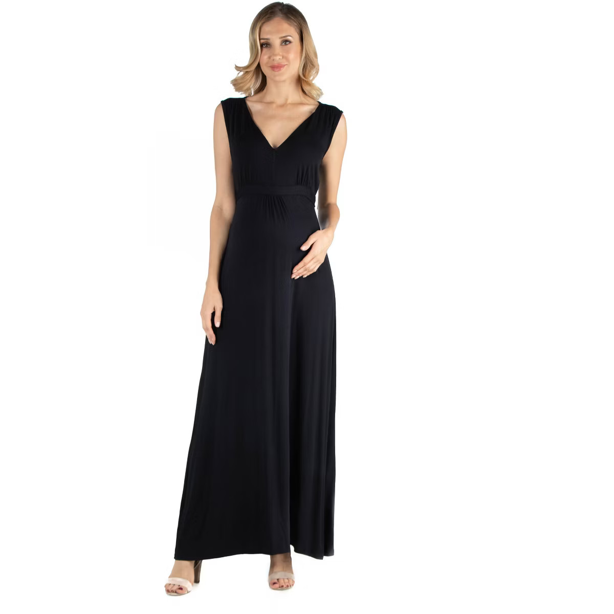 24seven Comfort Apparel V Neck Sleeveless Maternity Maxi Dress with Belt | Target