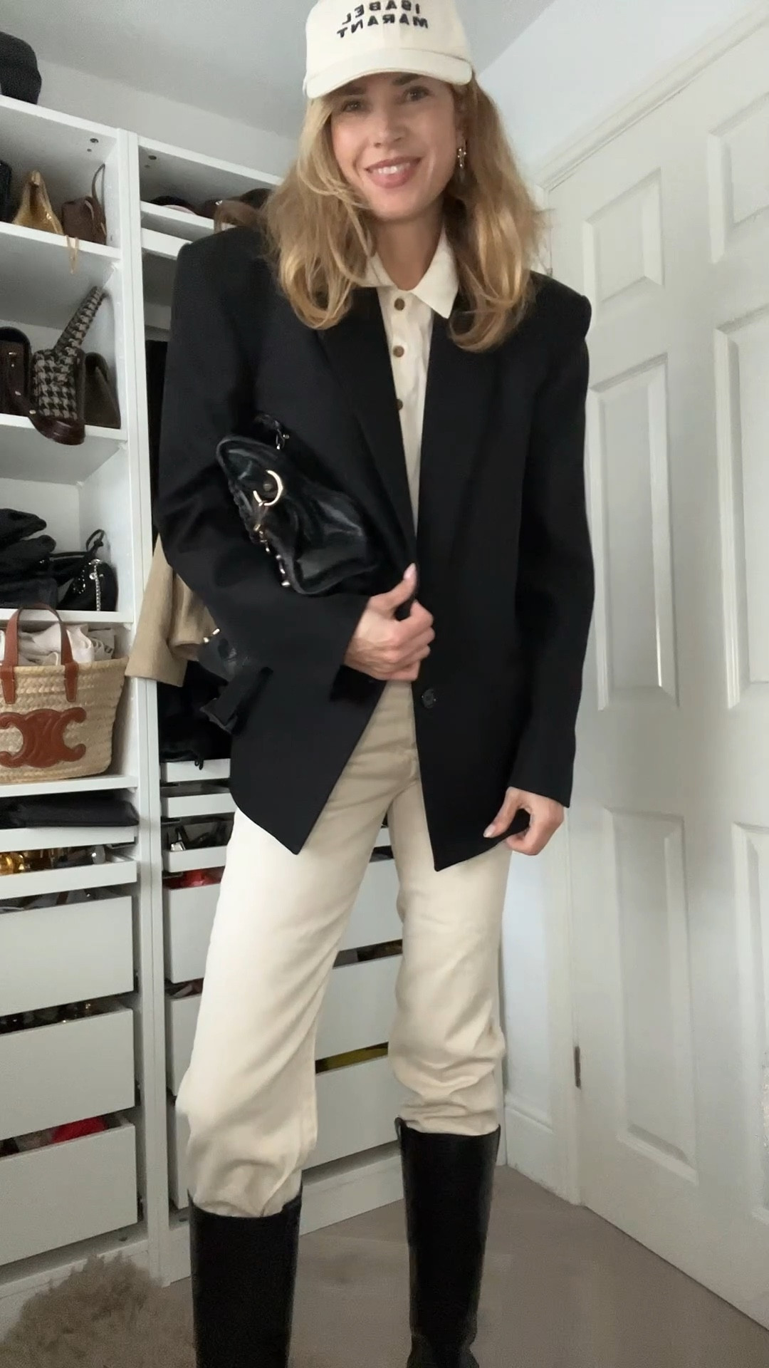 Cream jeans, oversized blazer, balenciaga bag, Isabel marant cap, cashmere cardigan, cashmere top 

#LTKeurope #LTKwinter #LTKstyletip