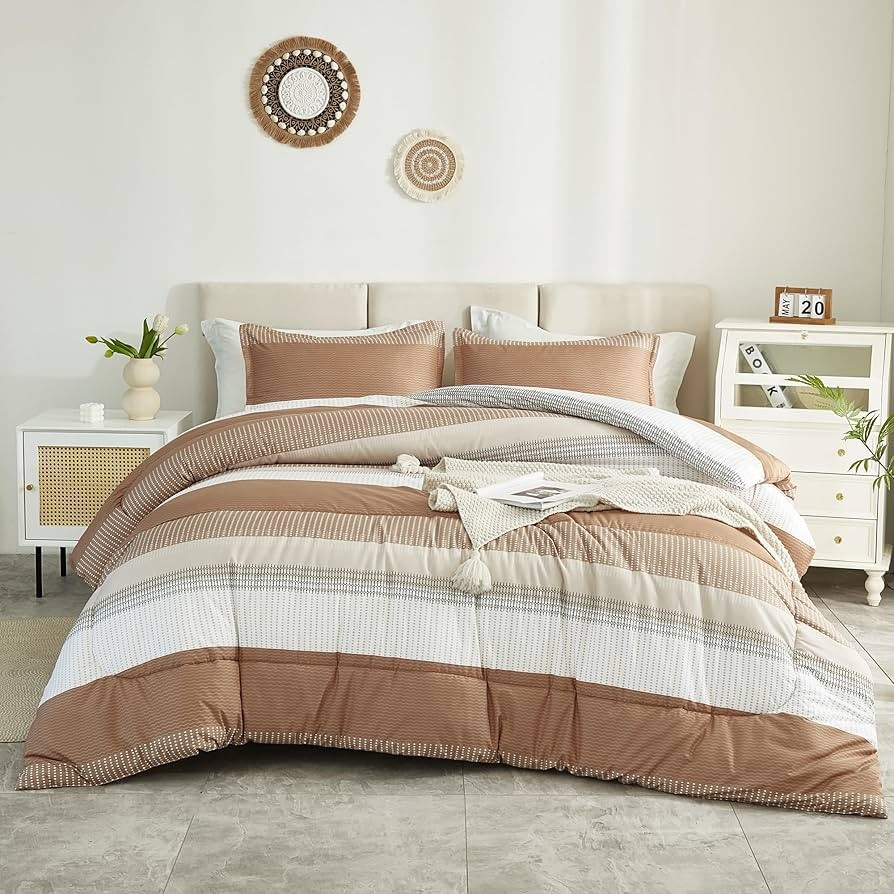 Litanika Beige King Size Comforter Set - 3 Pieces Lightweight Taupe Khaki White Colorblock Stripe... | Amazon (US)