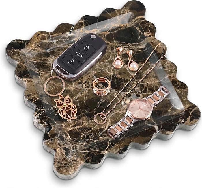 Scalloped Square Marble Decorative Tray, Natural Stone Vanity & Jewelry Tray, Trinket Organizer f... | Amazon (US)