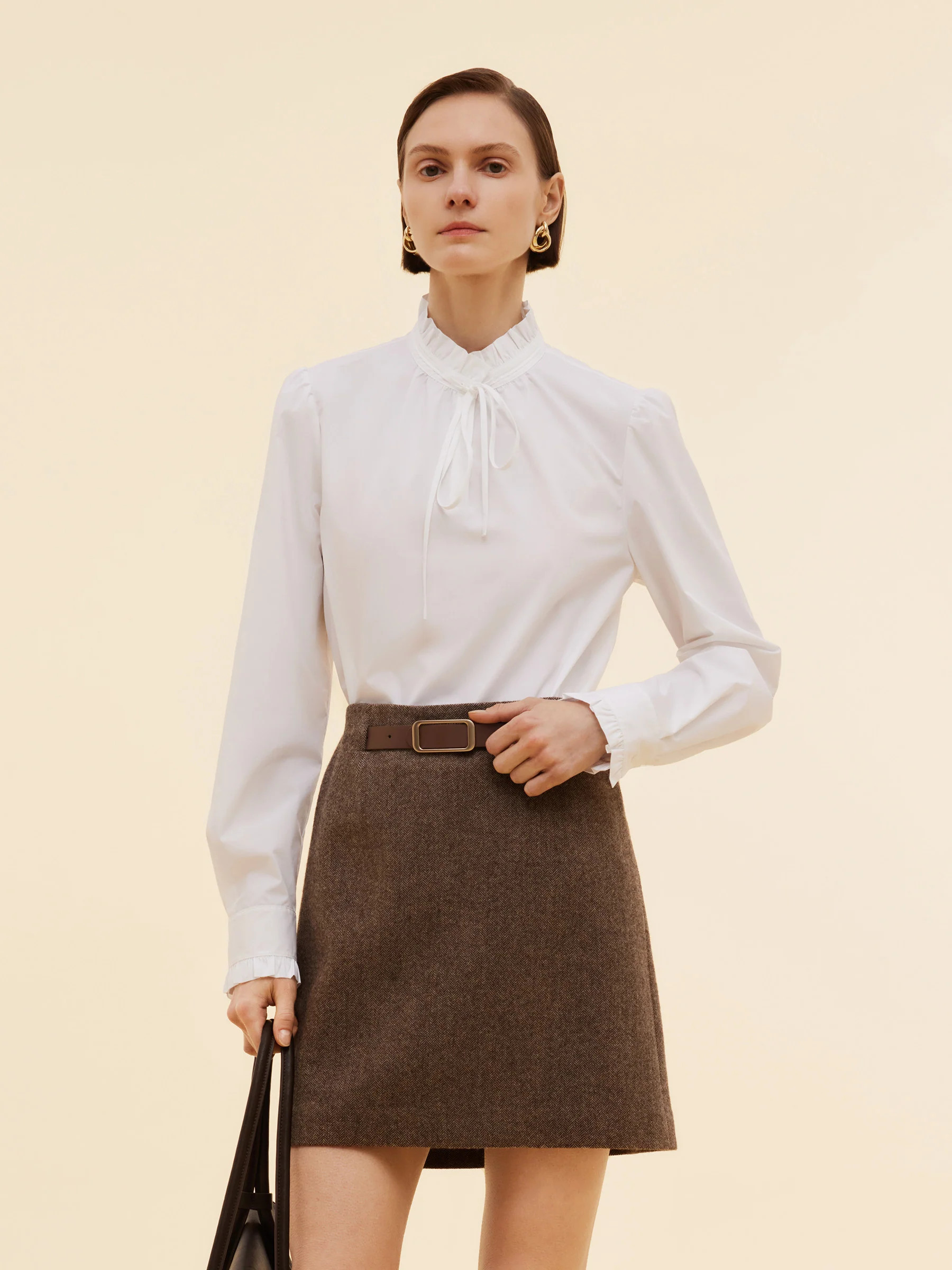 Ruffle Neckline Women Puff Long Sleeve Blouse | GOELIA