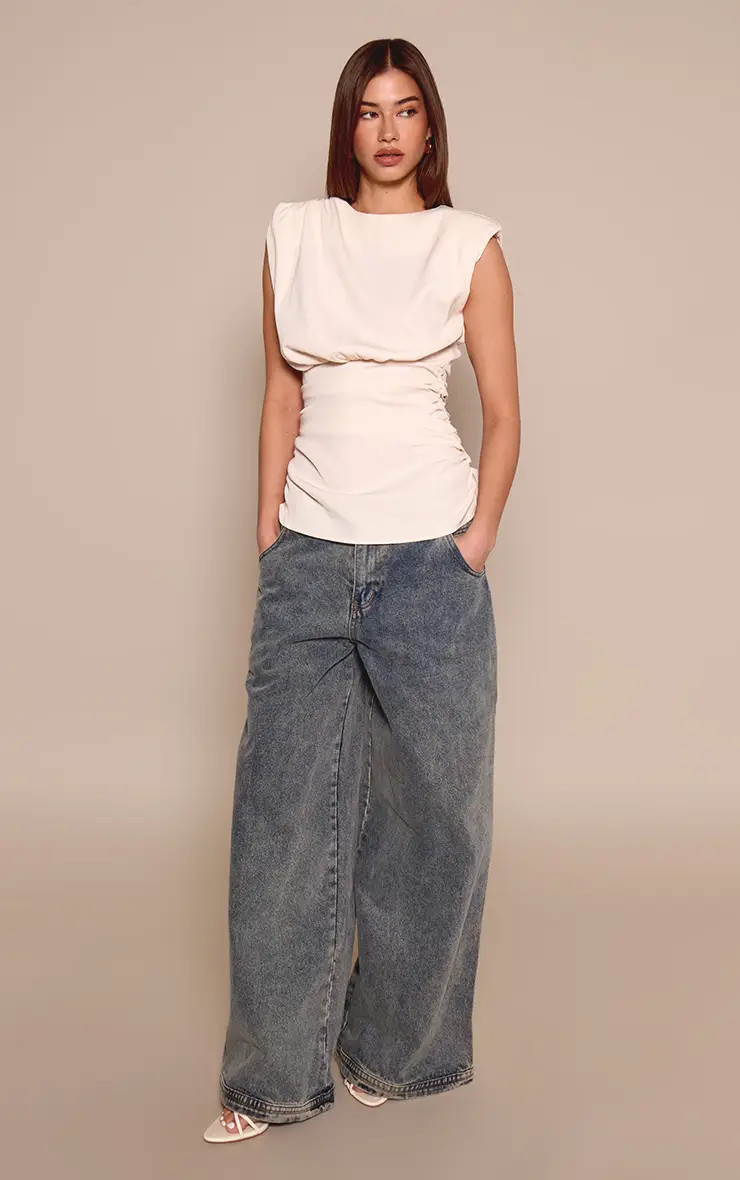 Woven Shoulder Padded Cinched Top | PrettyLittleThing US