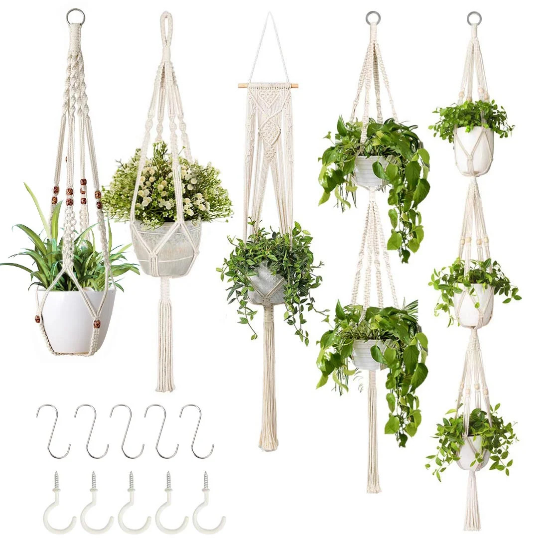 GROWNEER 5 Packs Macrame Plant Hangers with 5 Hooks, Different Tiers, Handmade Cotton Rope Hangin... | Walmart (US)