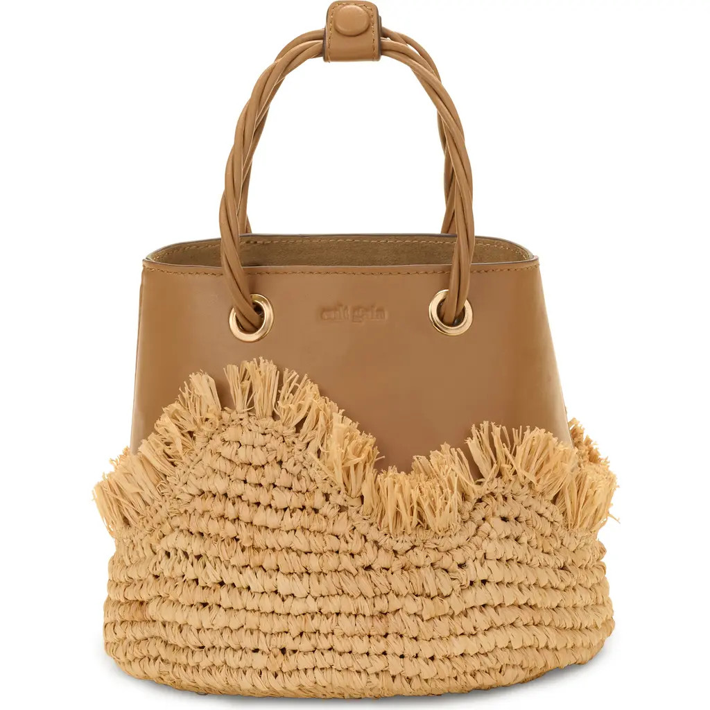 Cult Gaia Jojo Leather & Raffia Top Handle Bag in Camel at Nordstrom | Nordstrom