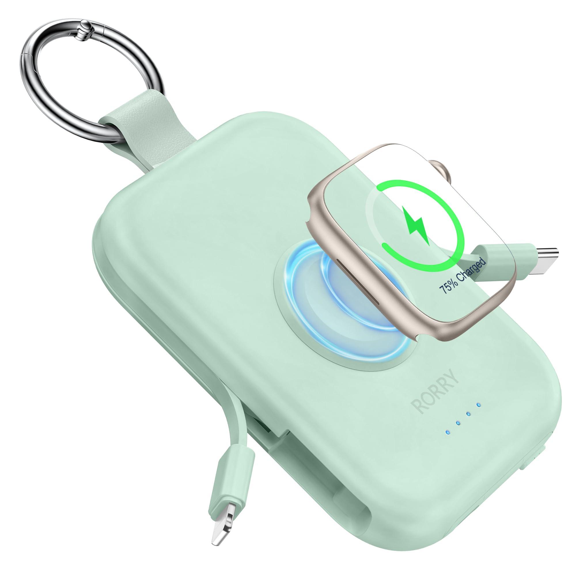 RORRY Portable Charger, 5000mAh Portable Charger Power Bank with Built-in Cables, Travel Keychain Battery Pack for Apple Watch Ultra 2/10/9/8/Ultra/7/6/SE/5, iPhone 16/15/14/13/12, Green | Amazon (US)