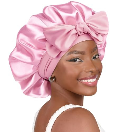 YANIBEST Adjustable Satin Bonnet for Sleeping Women Double Layer Hair Wrap Reduce Friction Prevent Frizz Natural Curly Hair, Pink | Amazon (US)