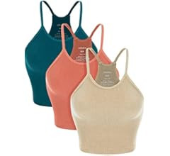 ODODOS Women's Crop 3-Pack Washed Seamless Rib-Knit Camisole Crop Tank Tops | Amazon (US)
