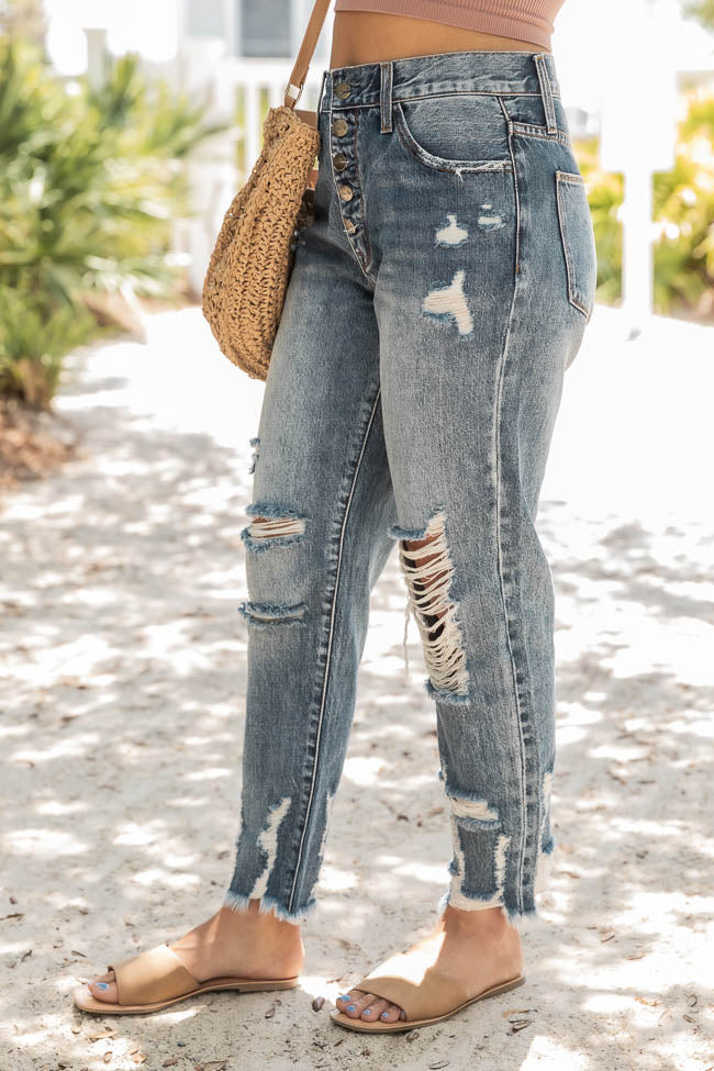 Billie Medium Wash Button Fly Distressed High Rise Mom Jeans FINAL SALE | Pink Lily