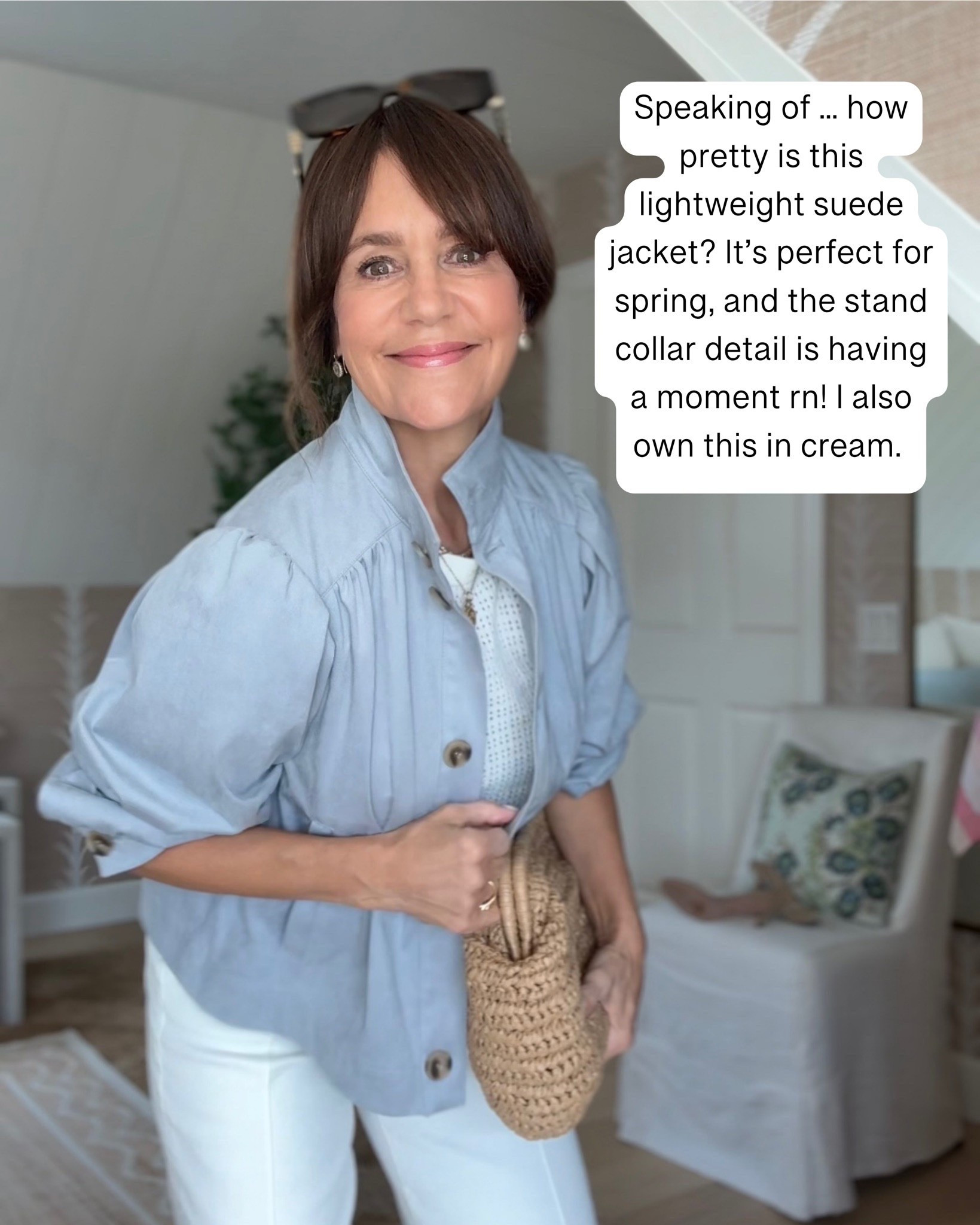 How pretty is this lightweight suede jacket? It’s perfect for spring, and the stand collar detail is having a moment right now! I also own this in cream. ￼

#LTKOver40 #LTKSeasonal #LTKootd