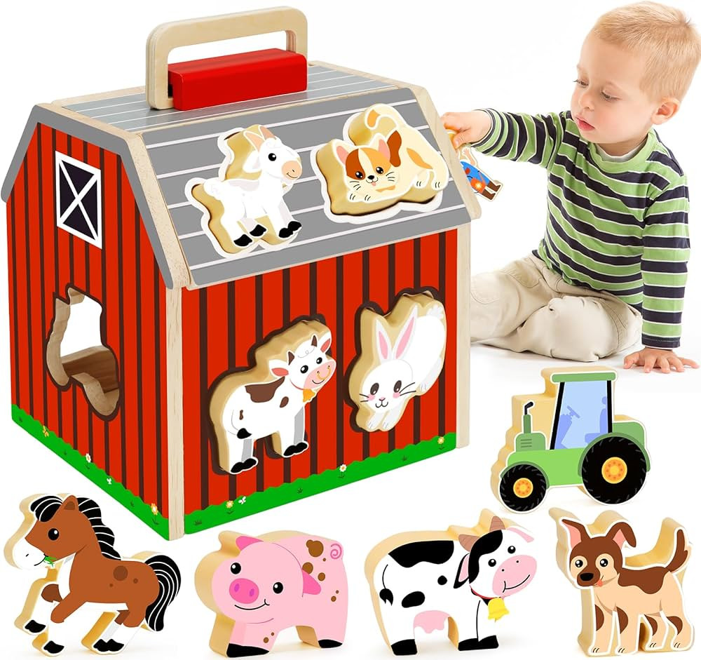 Wooden Farm Animals Toys for 1 2 3 Year Old Girl Boy, Take-Along Sorting Barn Toy with Baby Chunk... | Amazon (US)