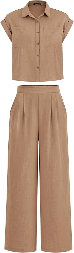 PRETTYGARDEN Womens 2 Piece sets Summer Cap Sleeve Tops Palazzo Pants Dressy Casual Vacation Trav... | Amazon (US)