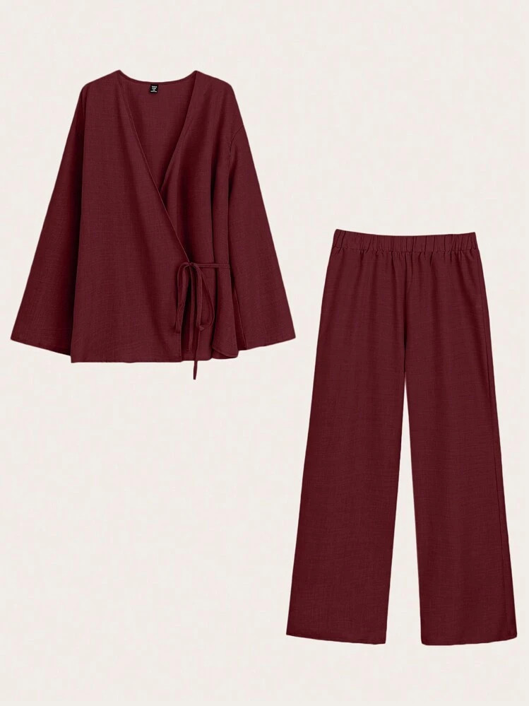 SHEIN LUNE 2pcs Plus Size Solid Color Wrap Top And Pants Set, Casual For Autumn | SHEIN