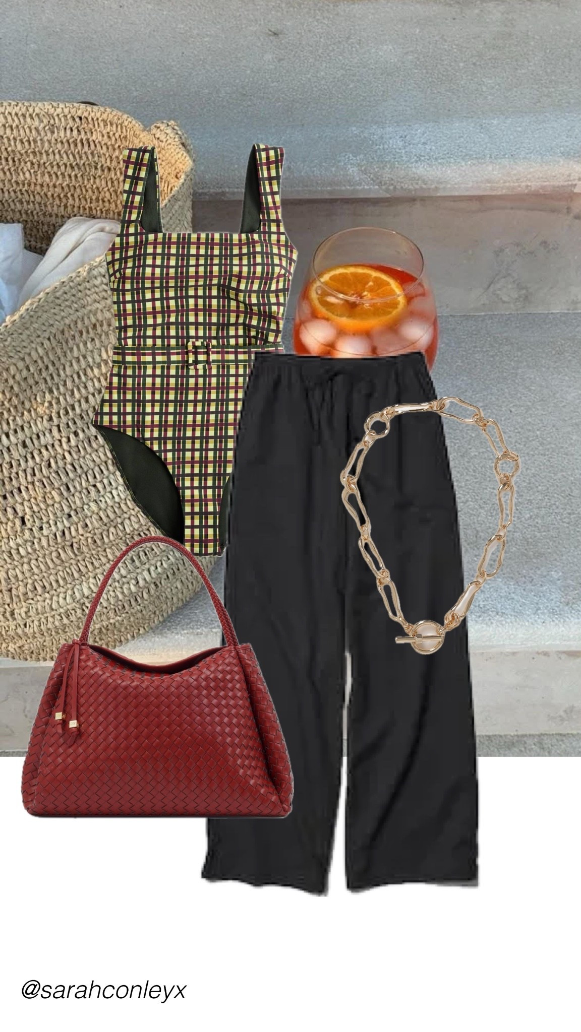 Beach to bar outfit 

Checked swimsuit, wide leg linen trousers, red woven bag, gold chain necklace, holiday outfit, summer outfit

#LTKootd #LTKSeasonal #LTKSwim