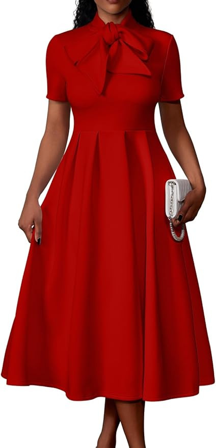 Memoriesea Women's Elegant Casual Short Sleeve Work Party A-Line Dress with Pockets | Amazon (US)