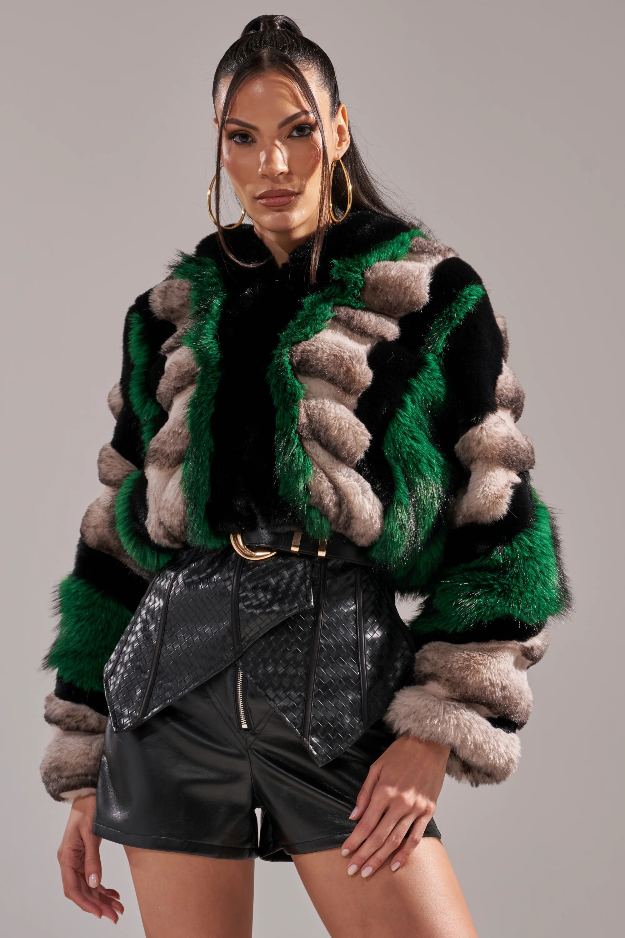 SUPERNOVA PANELED FAUX FUR IN GREEN | AKIRA