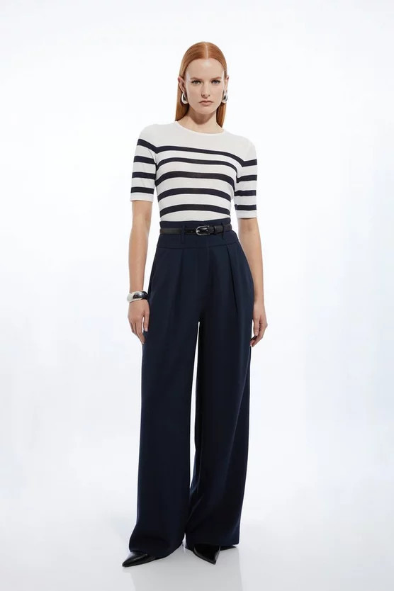 Compact Stretch Essential Tailored High Waist Wide Leg Trouser | Karen Millen | Karen Millen UK + IE + DE + NL