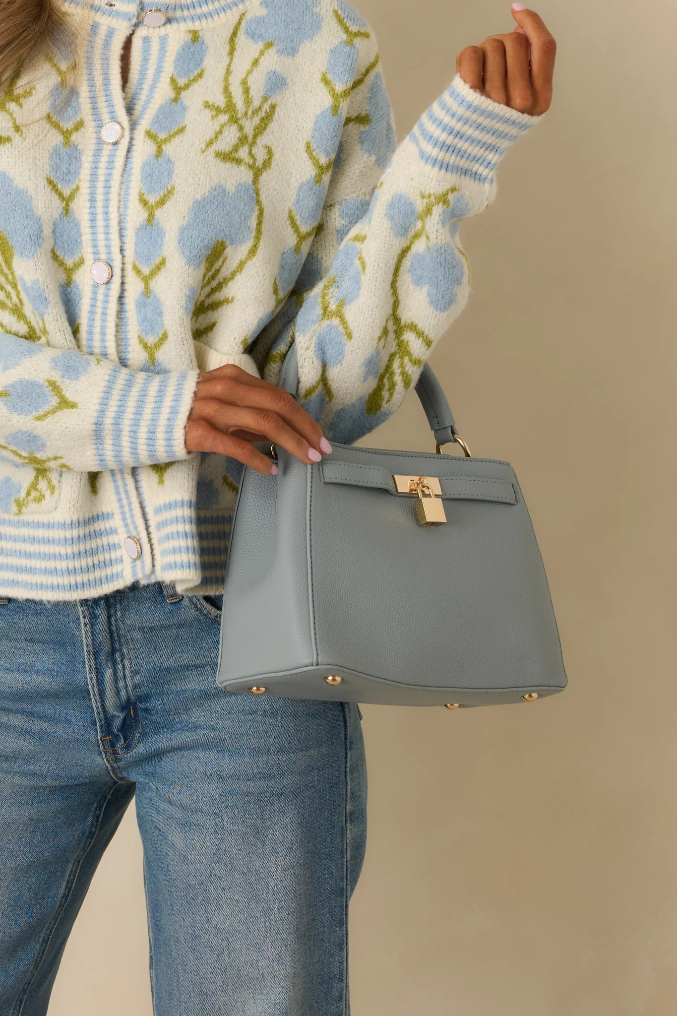 Lock It In Dusty Blue Faux Leather Lock Detail Handbag | Red Dress