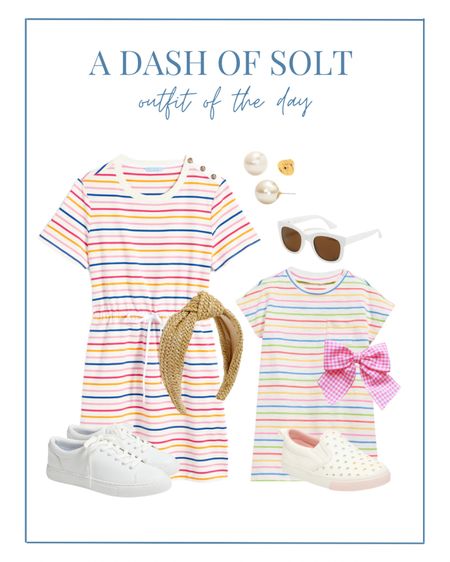 A fun mommy and me outfit of the day! A t-shirt dress multi stripe is always a cheerful way to match or coordinate with your little 🌈

Mommy and me, summer style, matching style, t-shirt dress, stripes, striped dress, Draper James, Old Navy, nautical stripe, preppy, preppy style, preppy fashion, canvas sneakers, classic style, classic fashion, mom style, kid style, rattan accessories, white sunglasses, pearls

#LTKstyletip #LTKSeasonal #LTKunder100