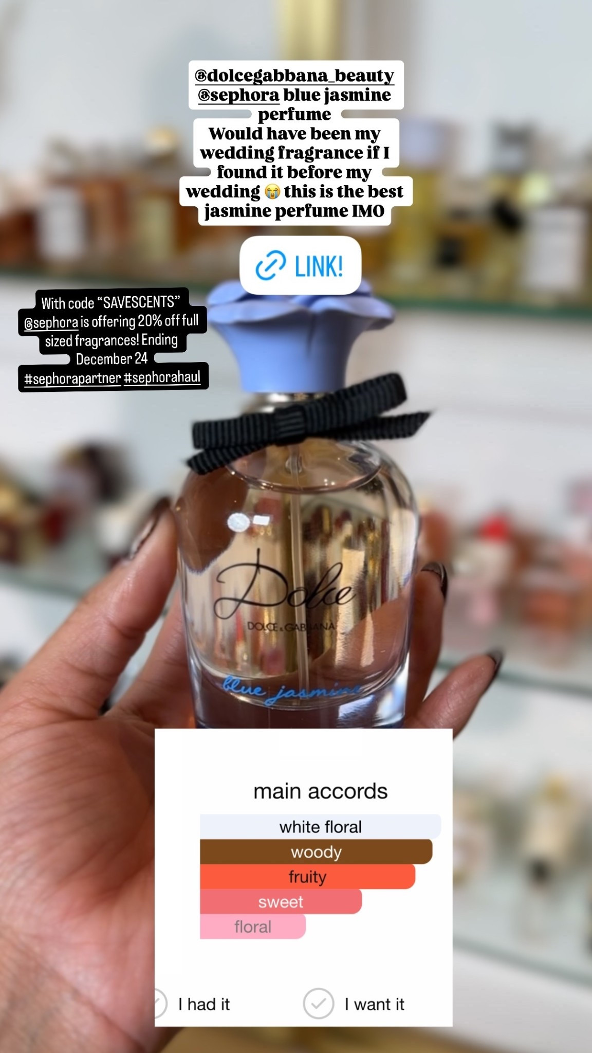 With code “SAVESCENTS” @sephora is offering 20% off full sized fragrances! Ending December 24
#sephorapartner #sephorahaul  @dolcegabbana_beauty @sephora blue jasmine perfume 
Would have been my wedding fragrance if I found it before my wedding 😭 this is the best jasmine perfume IMO 

#LTKGiftGuide #LTKWedding #LTKHoliday