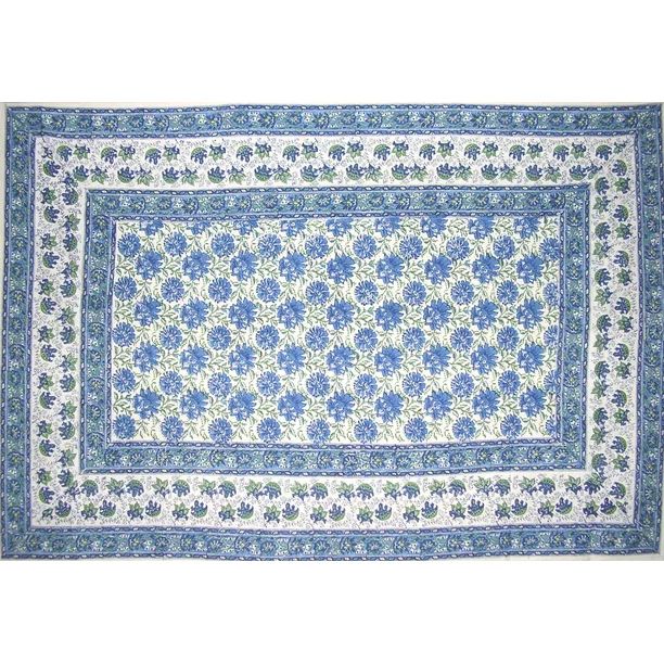 Lotus Flower Block Print Floral Cotton Tablecloth 90" x 60" Blue | Walmart (US)