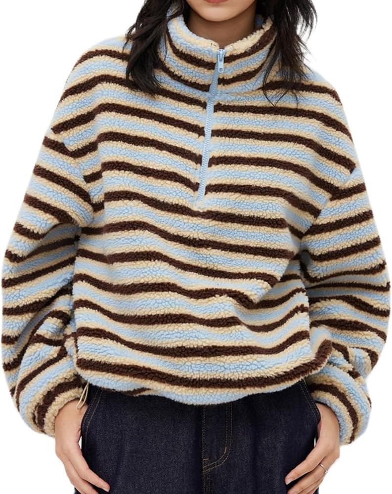 Womens Half Zip Sherpa Fleece Striped Jacket Oversized Stand-up Collar Sweatshirt Warm Fuzzy Oute... | Amazon (US)