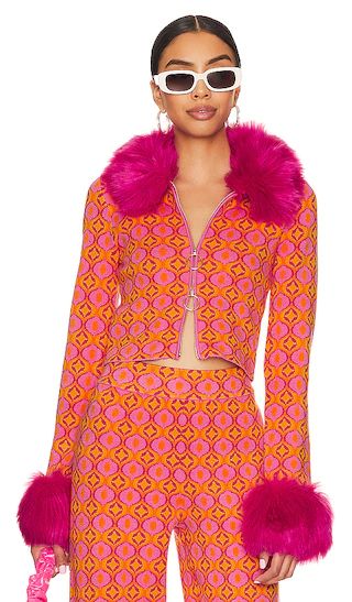 Zermatt Faux Fur Zip Up in Pink Geo Jacquard | Revolve Clothing (Global)