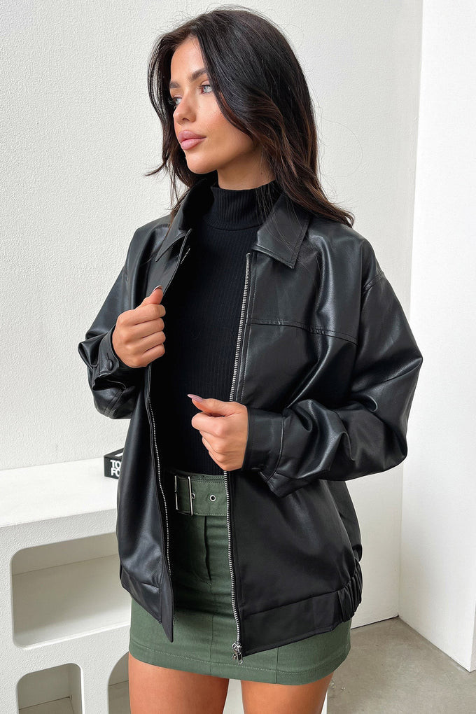 Zeroni Faux Leather Bomber Jacket - Black | Thats So Fetch (US)
