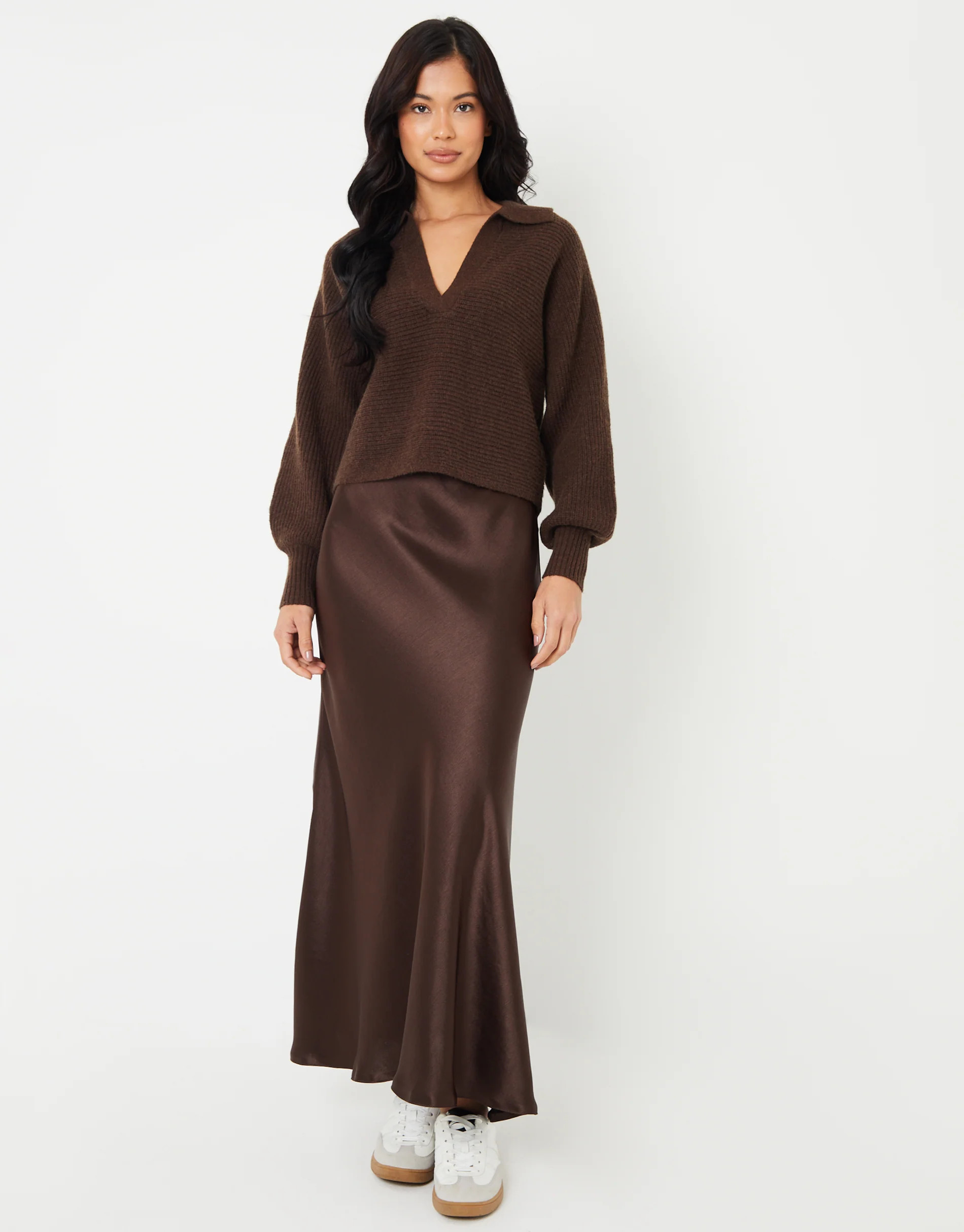 Chocolate Brown Maxi Satin Slip Skirt | Threadbare