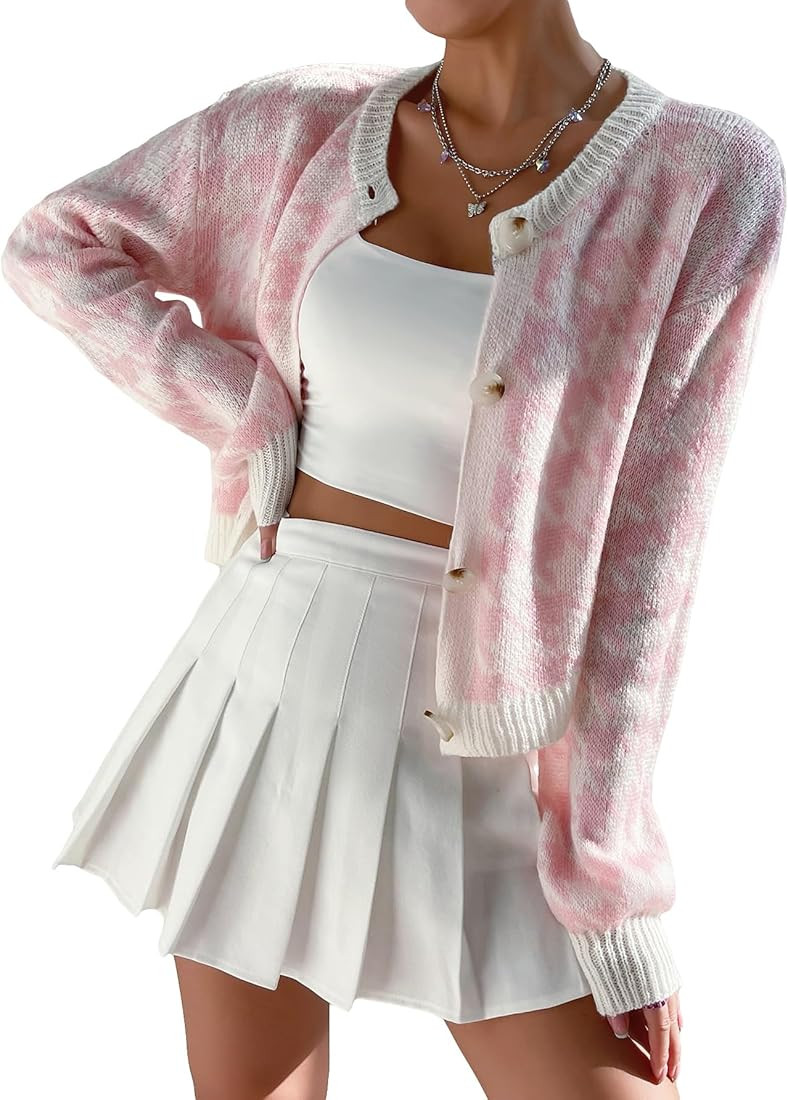 SHENHE Women's Houndstooth Button Down V Neck Lantern Sleeve Cropped Cardigan Sweater | Amazon (US)