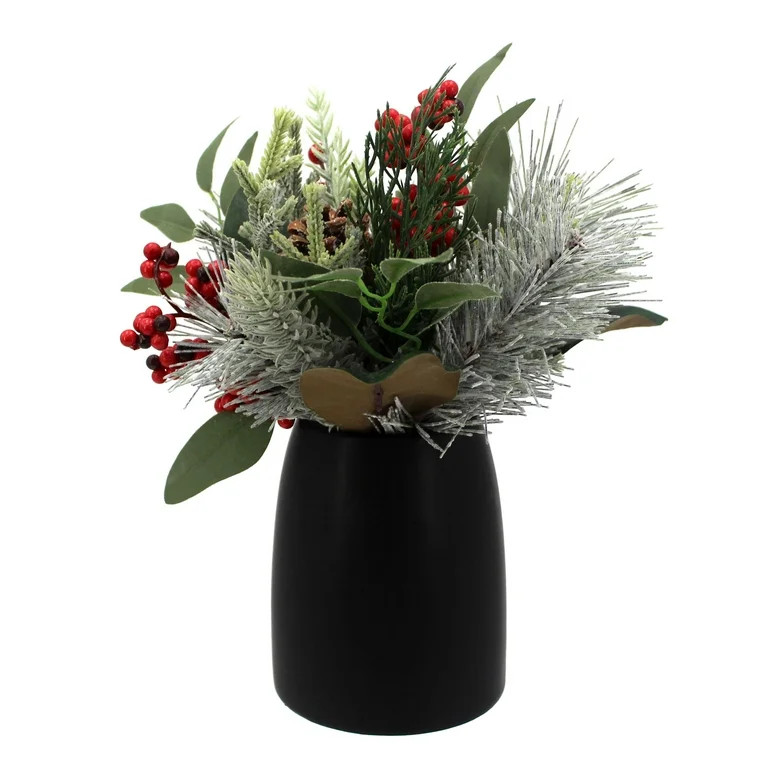 Mainstays 11" Decorative Tabletop Artificial Christmas Floral Eucalyptus & Pine in Black Ceramic ... | Walmart (US)