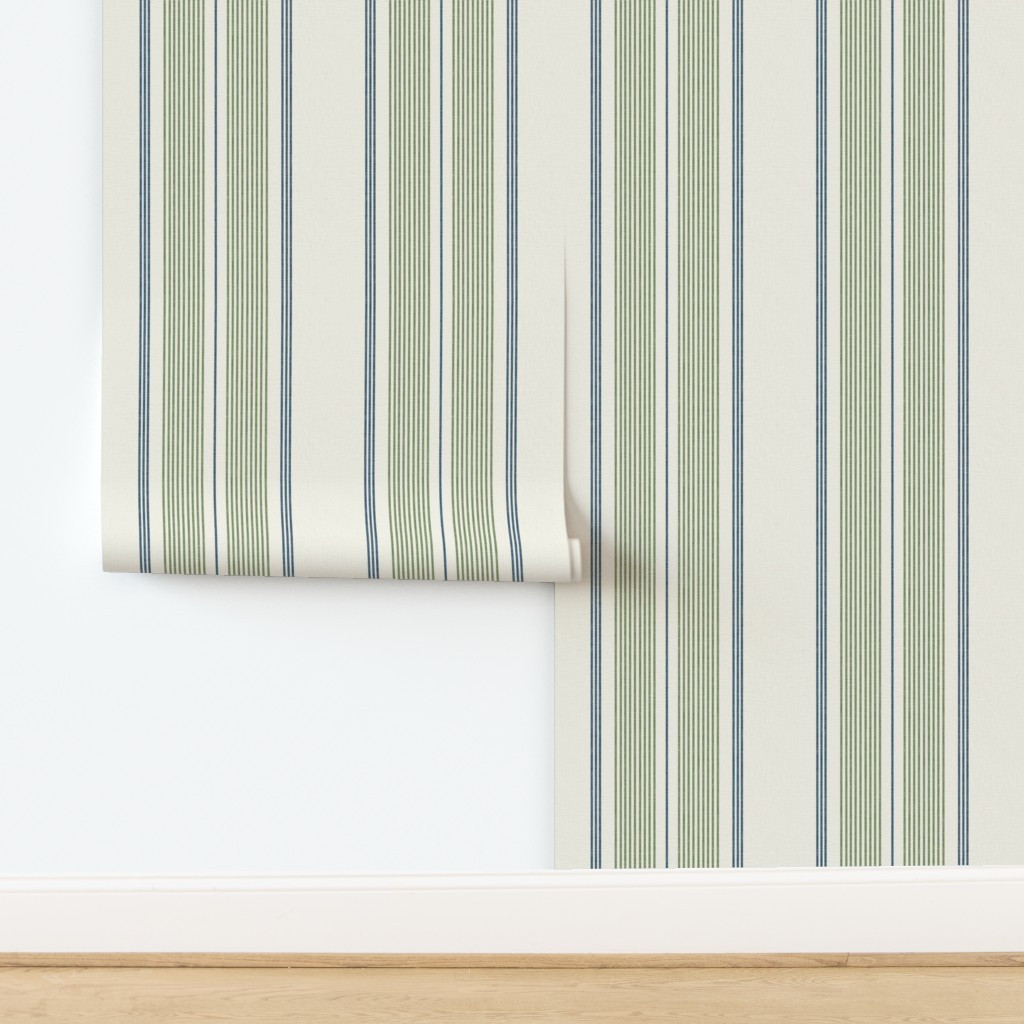 Thin Ticking Stripes Navy Blue Mossy Green and Cream Timeless Interiors L Wallpaper | Spoonflower | Spoonflower