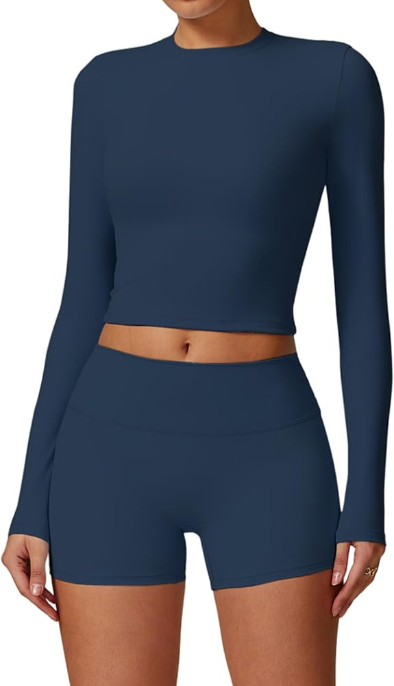 Womens Workout Sets Two Piece Long Sleeve Top Matching High Waist Shorts Sets Fall Winter Gym Wor... | Amazon (US)