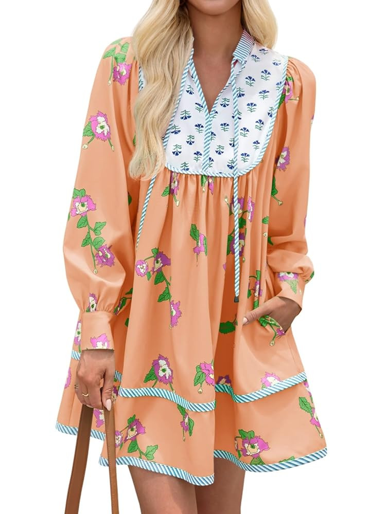 Wenrine Womens Casual Floral Mini Dress 2025 Fall Long Sleeve V Neck Patchwork Loose Boho Shirt D... | Amazon (US)