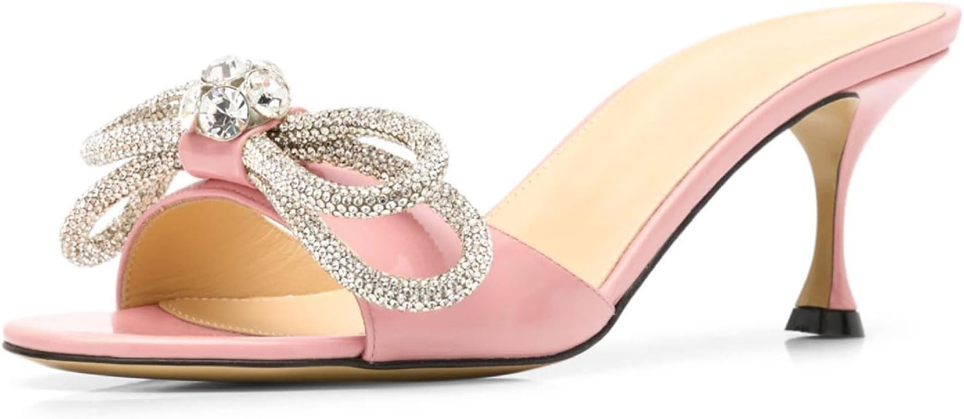 Women's Kitten Heel Round Open Toe Rhinestones Double Bows Slide Sandals Comfortable Slip On High... | Amazon (US)