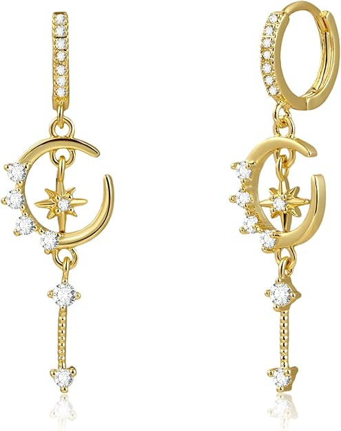 Star and Moon Earrings Dangle Hoop Earrings for Women Huggie with Cubic Zirconia Celestial Space ... | Amazon (US)