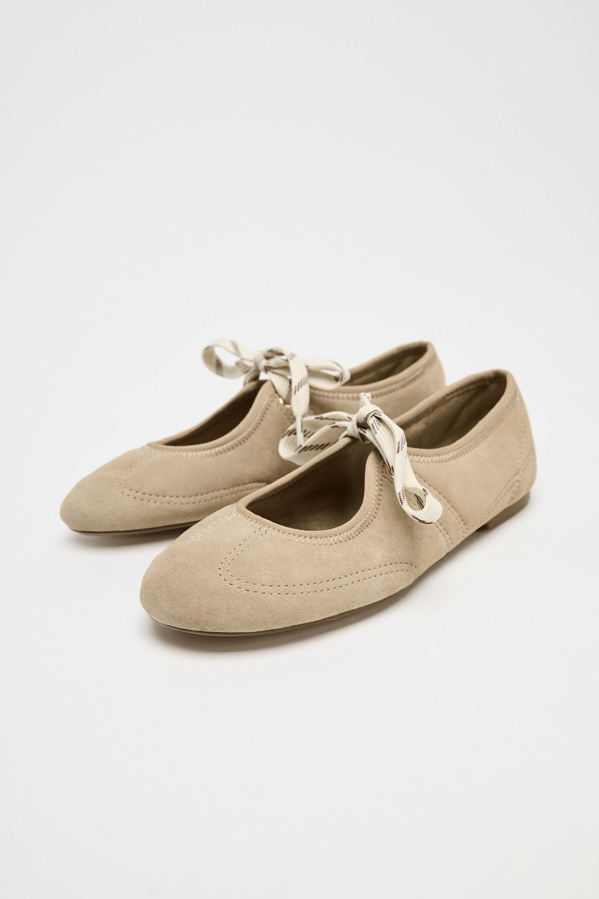SPLIT SUEDE LACE-UP BALLERINAS | Zara UK