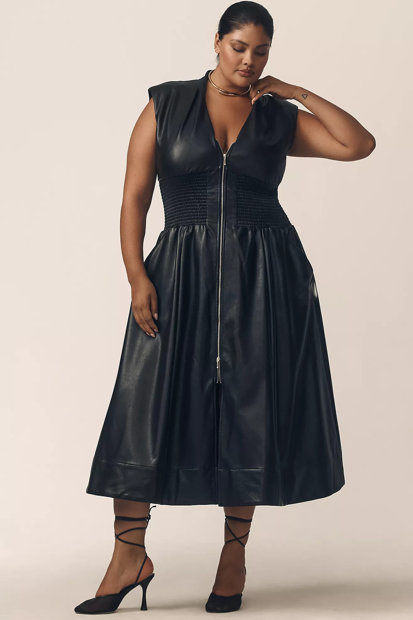 The Tommie Cap-Sleeve Smocked Front-Zip Shirt Dress: Faux-Leather Edition | Anthropologie (US)