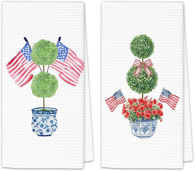 4th of July Chinoiserie Kitchen Towels Set of 2, Patriotic American Flag Topiary Hand Towels, Blu... | Amazon (US)