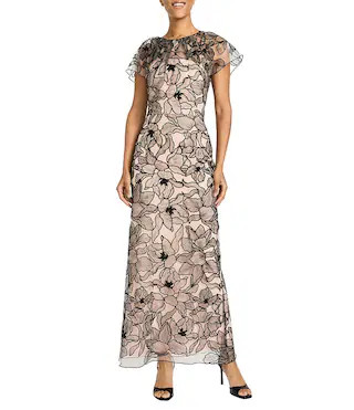 Maggy London Outlined Orchid Embroidered Mesh Flutter Sleeve Dress | Dillard's | Dillard's