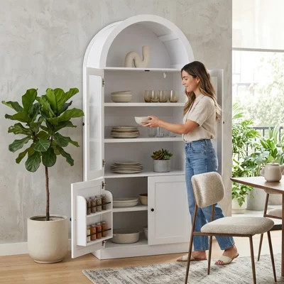 71" Tall White Arched Storage Cabinet with Tempered Glass Doors, 5-Tier Shelves & Door Organizers | Wayfair North America