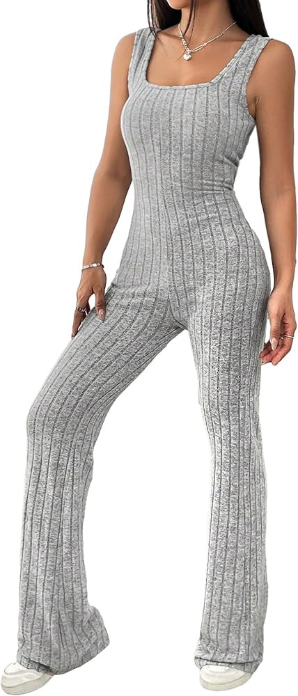 COZYEASE Women's One Piece Jumpsuit Ribbed Sleeveless Square Neck Flare Jumpsuit Tank Unitard Jum... | Amazon (US)