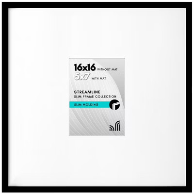 Americanflat 16x16 Picture Frame with Polished Plexiglass - Use as 5x7 Frame with Mat or 16x16 Frame Without Mat - Streamline Collection - Black | Target