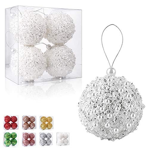 4.25" Christmas Ball Ornaments 4pc Set White Shatterproof Christmas Decorations Tree Balls for Xmas Trees Wedding Party Holiday Decorations Tabletop Small Trees Decoration (White) | Amazon (US)